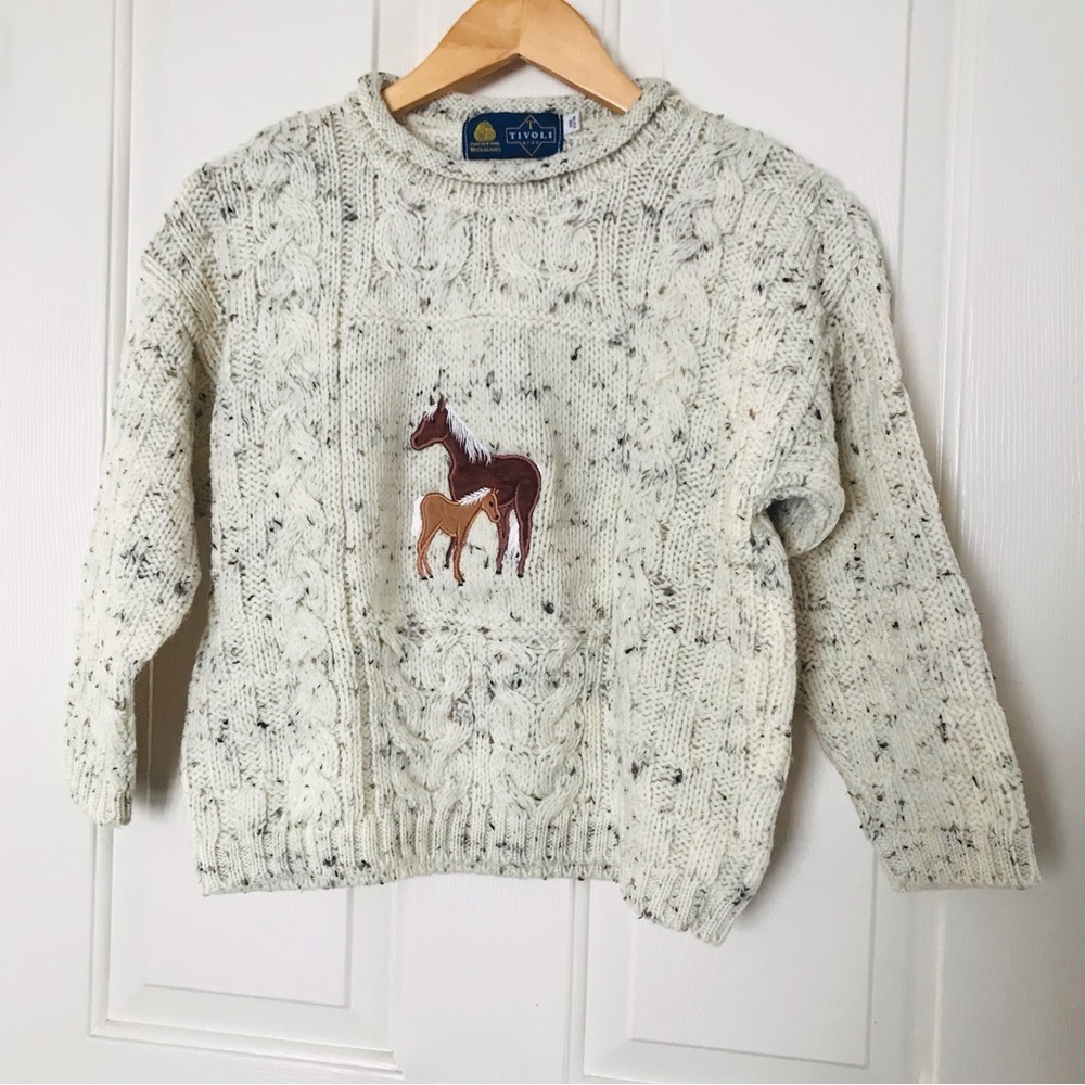Tivoli Aran Wool Kids Chunky Knit Sweater Beige/Gray Ages 8-10 Yrs